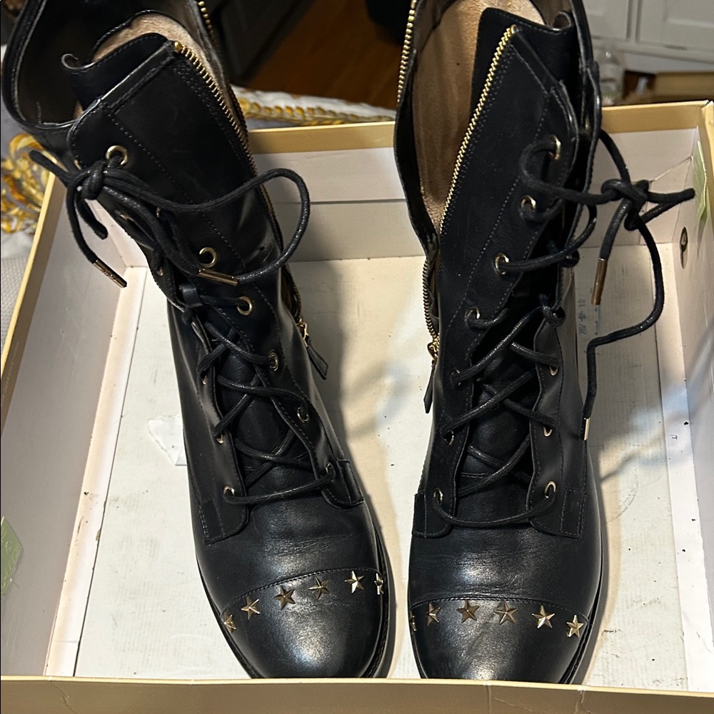 Michael Kors Black Lace-Up Combat Boots with Gold Star Accents